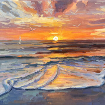 Pintura intitulada "Sea dawn" por Evgeny Chernyakovsky, Obras de arte originais, Óleo Montado em Armação em madeira