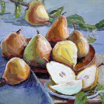 Painting titled "Pear Still life" by Evgeny Chernyakovsky, Original Artwork, Oil Mounted on Wood Stretcher frame