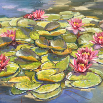 Painting titled "Water lilies floral" by Evgeny Chernyakovsky, Original Artwork, Oil Mounted on Wood Stretcher frame