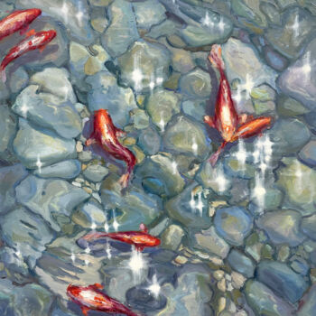 Painting titled "red koi" by Evgeny Chernyakovsky, Original Artwork, Oil Mounted on Wood Stretcher frame