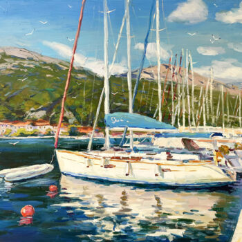 Картина под названием "Yacht at the pier" - Evgeny Chernyakovsky, Подлинное произведение искусства, Масло Установлен на Дере…