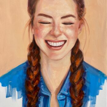 Painting titled "Redhead woman smile…" by Evgeny Potapkin, Original Artwork, Oil Mounted on Wood Stretcher frame