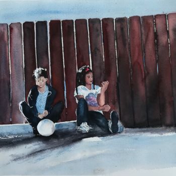 Malerei mit dem Titel "skoolgirls" von Ewa Helzen, Original-Kunstwerk, Aquarell