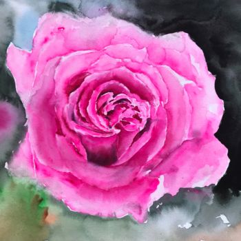 Painting titled "Pink rose" by Ewa Helzen, Original Artwork, Watercolor