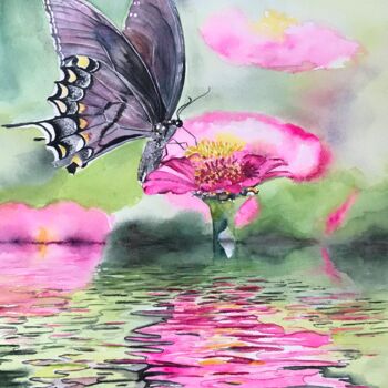 Painting titled "Butterfly by water" by Ewa Helzen, Original Artwork, Watercolor