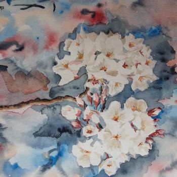 Pintura intitulada "Cerisier en fleurs" por Ewa Rey, Obras de arte originais, Aquarela