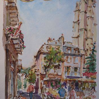 Schilderij getiteld "Mende, Place Chaptal" door Vincent Dumolard, Origineel Kunstwerk, Aquarel