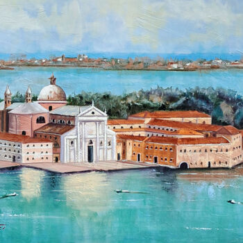 Painting titled "isola di san giorgio" by Fausto Dipinti, Original Artwork, Oil Mounted on Wood Stretcher frame