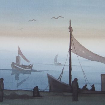 Painting titled "marins à quai" by Fayssal Beyrouti, Original Artwork, Watercolor Mounted on Cardboard