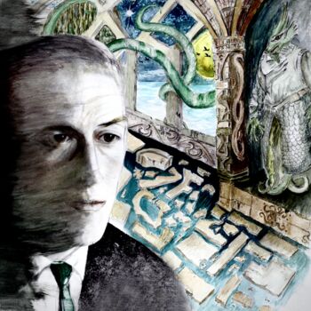 Painting titled "H.P Lovecraft / ori…" by Gilles David, Original Artwork, Acrylic Mounted on Wood Stretcher frame