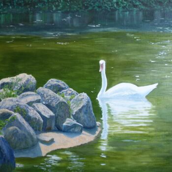 Pittura intitolato "White swan on the l…" da Lyudmila Filippova, Opera d'arte originale, Olio Montato su Telaio per barella…