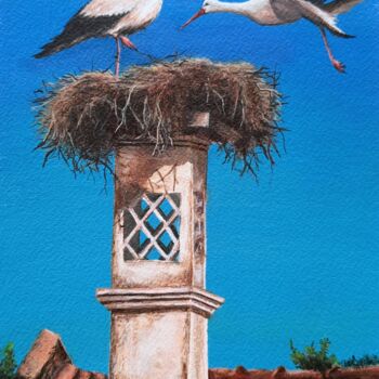 Malerei mit dem Titel "Stork Nest" von Fineartderya, Original-Kunstwerk, Acryl