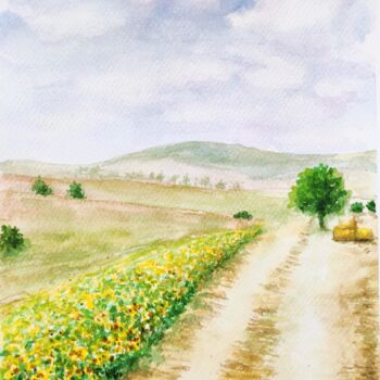 Peinture intitulée "Sunflower Field" par Fineartderya, Œuvre d'art originale, Aquarelle