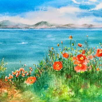 Malerei mit dem Titel "Poppies by the Beach" von Fineartderya, Original-Kunstwerk, Aquarell