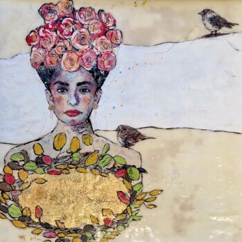 Painting titled "The Girl with the B…" by Finy Pijnenburg, Original Artwork, Encaustic Mounted on Wood Panel