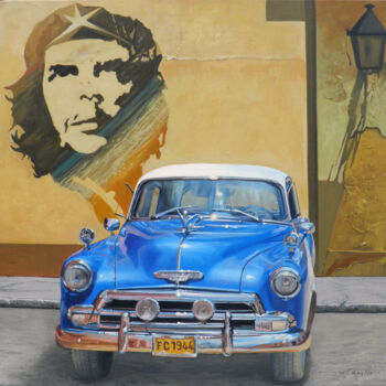 Painting titled "Cuban car blu" by Francesco Capello, Original Artwork, Oil Mounted on Wood Stretcher frame