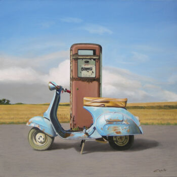 Painting titled "VESPA AZZURRA" by Francesco Capello, Original Artwork, Oil Mounted on Wood Panel