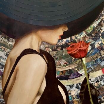 Painting titled "Donna con fiore ros…" by Francesco Visco, Original Artwork, Oil