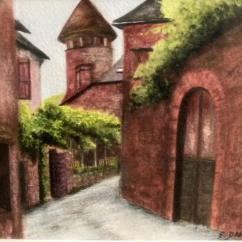 Painting titled "Le village rouge" by Francine Darnaud, Original Artwork, Watercolor Mounted on Other rigid panel