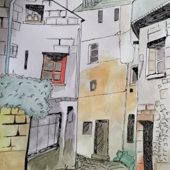 Painting titled "Chinon vieille ville" by Franck Schweitzer, Original Artwork, Watercolor