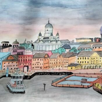 Painting titled "le port d'Helsinki" by Franck Schweitzer, Original Artwork, Watercolor