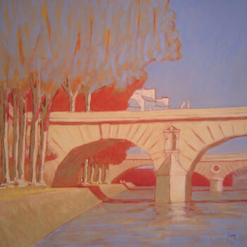 Malerei mit dem Titel "Pont Marie, rouge" von François Cusson, Original-Kunstwerk, Pastell Auf Holzplatte montiert