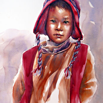 Schilderij getiteld "enfant-tibet.jpg" door François Lanvin, Origineel Kunstwerk, Aquarel