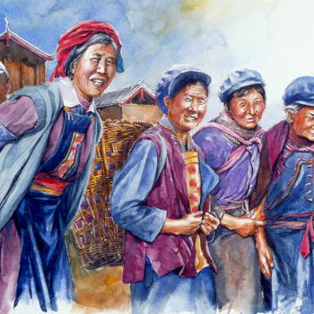 Pintura intitulada "yunnan-paysannes.jpg" por François Lanvin, Obras de arte originais, Aquarela