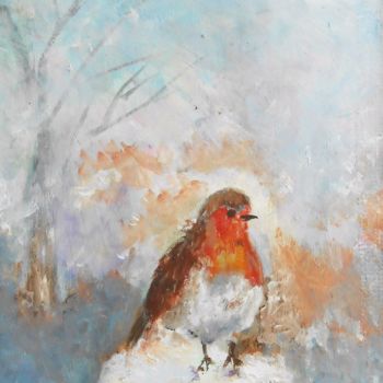 Painting titled "rouge gorge en hiver" by Francoise Rochat-Colinet, Original Artwork, Oil