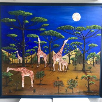 「Girafes au clair de…」というタイトルの絵画 Frank Guillardによって, オリジナルのアートワーク, オイル ウッドパネルにマウント