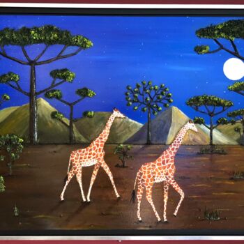 Schilderij getiteld "Girafes au clair de…" door Frank Guillard, Origineel Kunstwerk, Olie Gemonteerd op Houten paneel