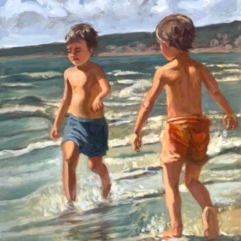 Painting titled "children playing on…" by Freddy Cerna, Original Artwork, Oil