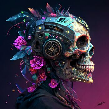 Digital Arts titled "Muerte Mexicana" by Frédéric Font (Chroma), Original Artwork, Digital Painting Mounted on Wood Stretche…