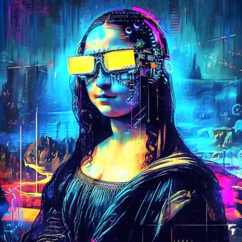 Digital Arts titled "Mona Lisa 3000 : Né…" by Frédéric Font (Chroma), Original Artwork, Digital Painting Mounted on Wood Str…