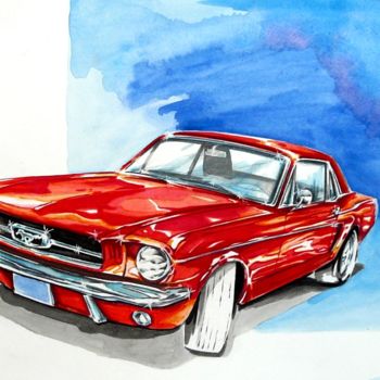 Dibujo titulada "FORD MUSTANG 1966" por Federico De Muro, Obra de arte original, Acuarela