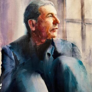 Schilderij getiteld "Leonard Cohen" door Gabriel Andrei, Origineel Kunstwerk, Aquarel