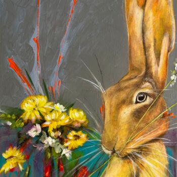 绘画 标题为“Easter bunny with f…” 由Gabriela Meyermann, 原创艺术品, 丙烯 安装在木质担架架上