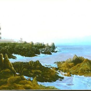 Zeichnungen mit dem Titel "Le Phare du Créac'h" von Gaby Bourlier, Original-Kunstwerk, Pastell Auf Holzplatte montiert