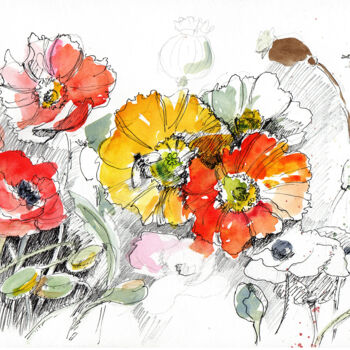 Schilderij getiteld "Poppy Flower Waterc…" door Galina Ivanova, Origineel Kunstwerk, Aquarel