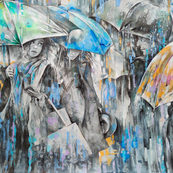Schilderij getiteld "Rainy love mood" door Galina Kondrashova, Origineel Kunstwerk, Houtskool