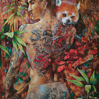Pintura titulada "Red Panda Gardian" por Galina Kondrashova, Obra de arte original, Acrílico