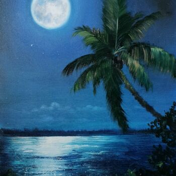 Malerei mit dem Titel "Full Moon on the Be…" von Olga Bazanova, Original-Kunstwerk, Öl