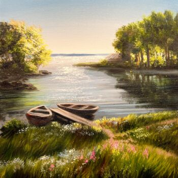 Painting titled "Boats by the lake" by Olga Bazanova, Original Artwork, Oil
