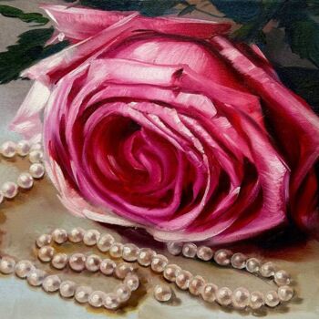 Pintura intitulada "Rose with pearls" por Olga Bazanova, Obras de arte originais, Óleo