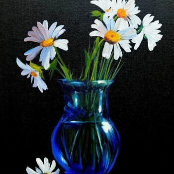 Malarstwo zatytułowany „Daisies in a vase” autorstwa Ольга Базанова, Oryginalna praca, Olej