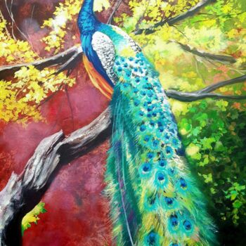 Malarstwo zatytułowany „Peacock” autorstwa Ольга Базанова, Oryginalna praca, Olej