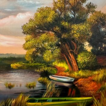 Painting titled "Landscape with a la…" by Olga Bazanova, Original Artwork, Oil