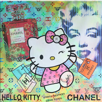 Painting titled "Hello Kitty Chanel" by Gardani, Original Artwork, Acrylic Mounted on Wood Stretcher frame