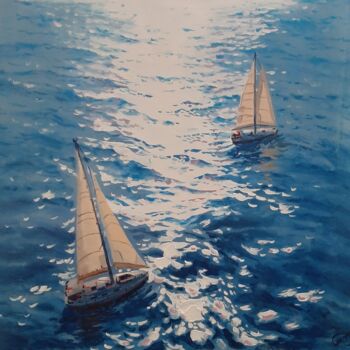 Pintura intitulada "Seascape with sailb…" por Garry Arzumanyan, Obras de arte originais, Óleo