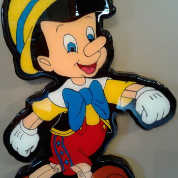 Γλυπτική με τίτλο "Pinocchio Wood Cuto…" από Genedieve, Αυθεντικά έργα τέχνης, Ξύλο